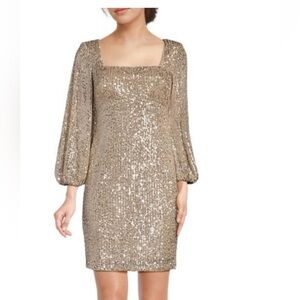Eliza J Gold Sequin Sheath Dress with Bishop Sleeves